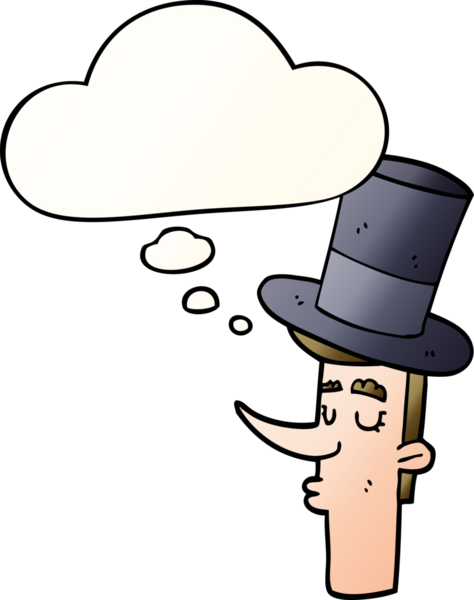 Düşünce baloncuklu silindir şapkalı çizgi film adamı bir insan tarafından çizilmiş.