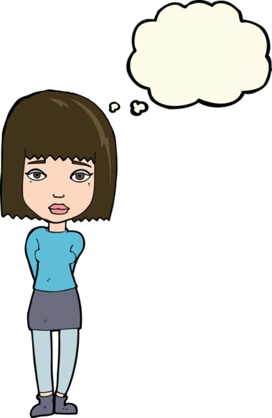 Bir insan tarafından çizilmiş düşünce baloncuğu olan ciddi bir kız.