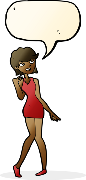 Bir insan tarafından çizilmiş konuşma balonu olan kokteyl elbiseli bir kadın.