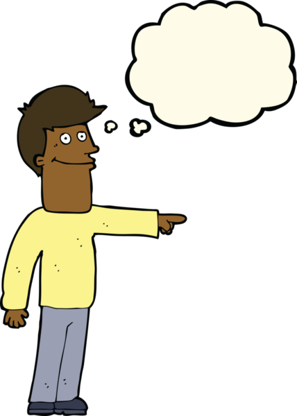 Bir insan tarafından çizilen düşünce baloncuğuyla işaret eden çizgi film adamı.