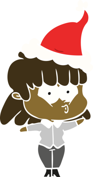 Bir insan tarafından çizilmiş Noel Baba şapkası giyen, ıslık çalan bir kızın düz renkli çizimi.