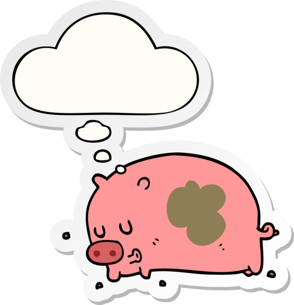 Bir insan tarafından çizilmiş bir çıkartma olarak düşünce baloncuğu olan şirin çizgi film domuzu.