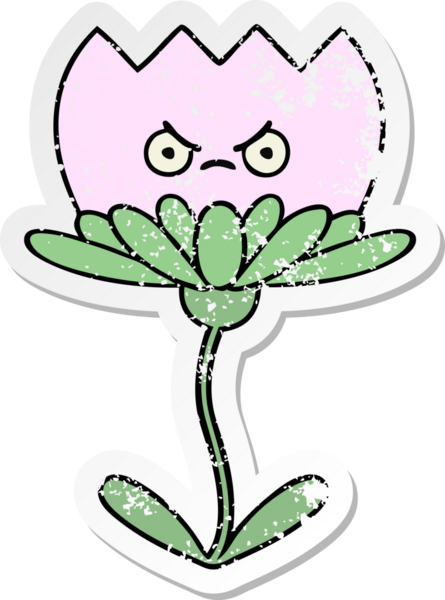 Bir insan tarafından çizilmiş şirin bir karikatür çiçeğinin sıkıntılı çıkartması.