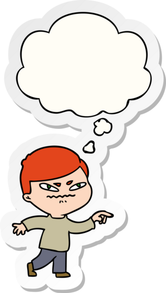 Karikatür kızgın adam düşünce balonunu insan tarafından çizilmiş bir çıkartma olarak gösteriyor.