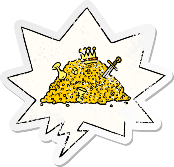 Bir insan tarafından çizilmiş, kederli, eski bir çıkartma, konuşma balonlu bir hazine çizimi.