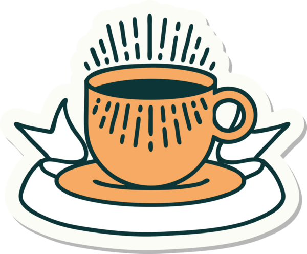 Bir insan tarafından çizilmiş bir fincan kahve sancağıyla dövme stili çıkartması.