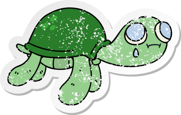 Bir insan tarafından çizilmiş garip bir el çizilmiş karikatür kaplumbağasının sıkıntılı çıkartması.