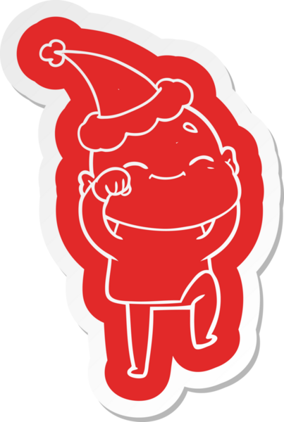 Bir insan tarafından çizilmiş Noel Baba şapkası giyen kel bir adamın komik çizgi film çıkartması.