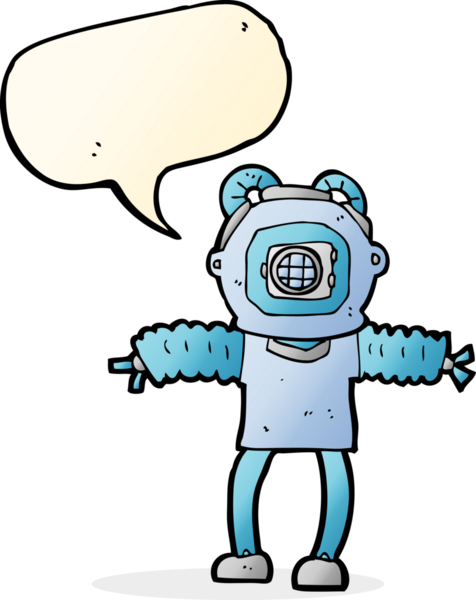 Bir insan tarafından çizilmiş konuşma balonlu derin deniz dalgıcı çizgi filmi.