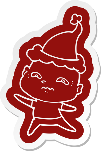 Bir insan tarafından çizilmiş Noel Baba şapkası giyen gergin bir adamın garip çizgi film çıkartması.