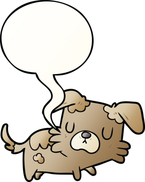 Bir insan tarafından çizilmiş, konuşma baloncuğu olan çizgi film küçük köpeği.