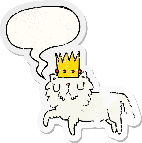 Konuşma balonlu bir taç takan çizgi film kedisi bir insan tarafından çizilmiş sıkıntılı eski bir çıkartma