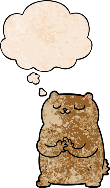 Bir insan tarafından çizilmiş grunge desenli düşünce baloncuklu çizgi film ayısı.