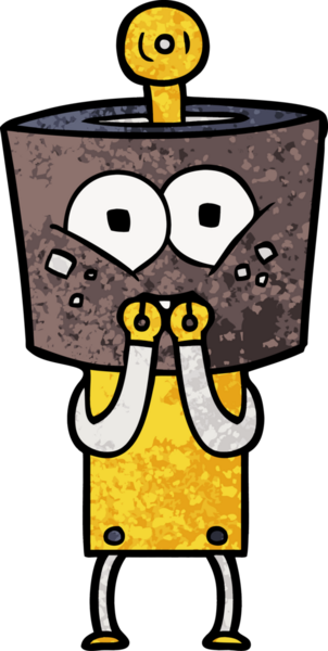 Mutlu çizgi film robotu bir insan tarafından gergin bir şekilde çizilmiş.