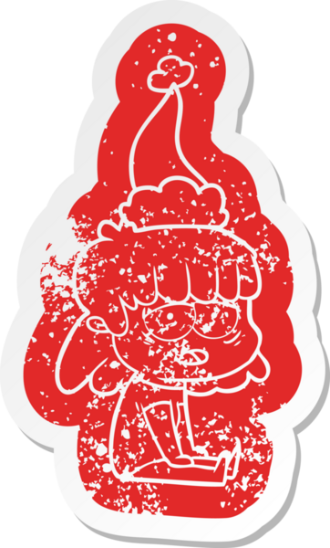 Bir insan tarafından çizilmiş Noel Baba şapkası giyen yorgun bir kadının garip bir karikatürü.