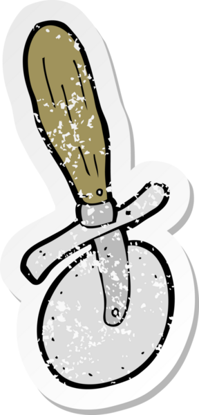 Bir insan tarafından çizilmiş çizgi film pizza kesicisinin gerilimli retro yapıştırması.