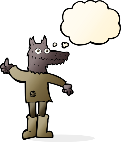 Bir insan tarafından çizilmiş düşünce balonlu bir kurt adam.