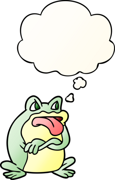 Huysuz karikatür kurbağası. Düşünce baloncuğu bir insan tarafından çizilmiş.