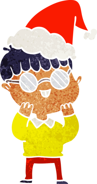 Bir insan tarafından çizilmiş Noel Baba şapkası takan gözlüklü bir çocuğun el çizimi karikatürü