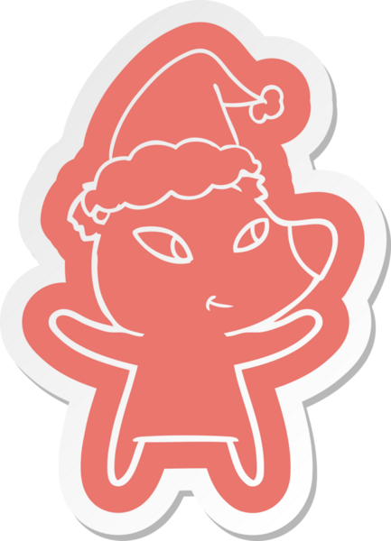 Bir insan tarafından çizilmiş Noel Baba şapkası giyen bir ayının komik çizgi film çıkartması.