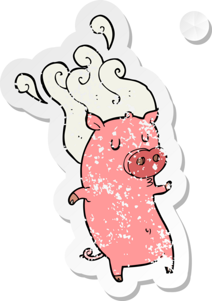 Bir insan tarafından çizilmiş kokuşmuş çizgi film domuzunun retro sıkıntılı çıkartması.