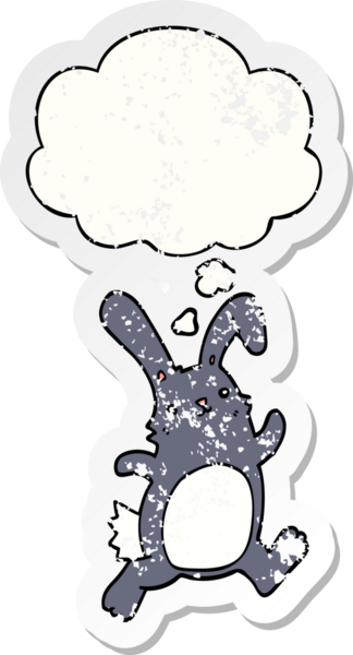 Düşünce baloncuğuyla koşan çizgi film tavşanı bir insan tarafından çizilmiş yıpranmış bir çıkartma gibi.