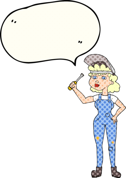 Bir insan tarafından çizilmiş serbest çizilmiş çizgi roman konuşma balonu kadın mekanikçi.