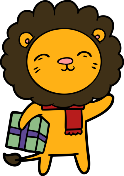 Bir insan tarafından çizilmiş noel hediyeli çizgi film aslanı.