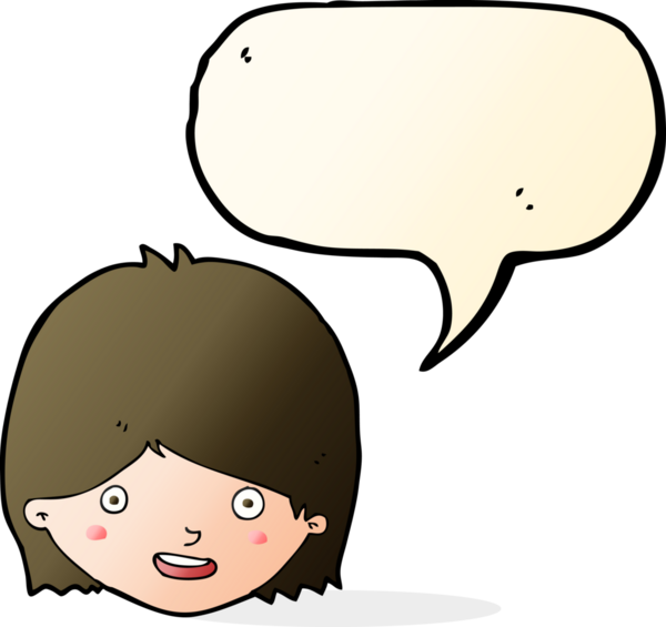 Bir insan tarafından çizilmiş konuşma balonlu mutlu kadın yüzü.