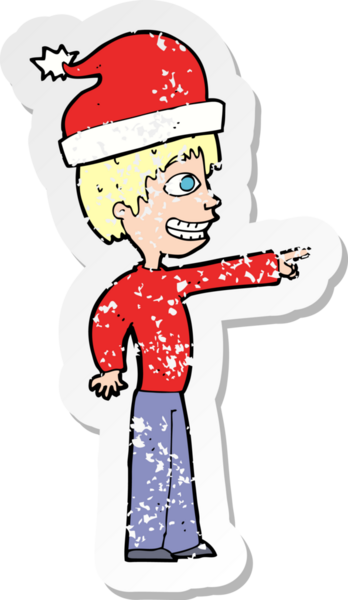 Bir insan tarafından çizilmiş Noel 'e hazır karikatürcü bir adamın gerilimli çıkartması.