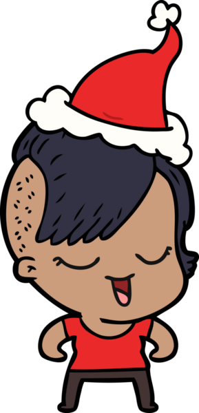 Mutlu el çizimi bir insan tarafından çizilmiş Noel Baba şapkası takan bir kız.