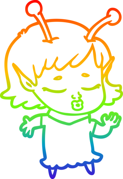 Gökkuşağı gradyan çizgisi. Bir insan tarafından çizilmiş şirin bir uzaylı kız çizgi filmi.