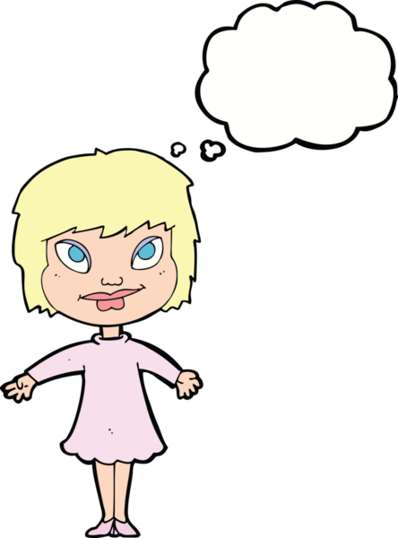 Bir insan tarafından çizilmiş düşünce baloncuğuyla omuz silken çizgi film kızı.