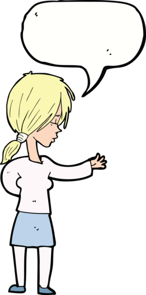 Bir insan tarafından çizilmiş konuşma balonuyla hareket eden karikatür kadın.