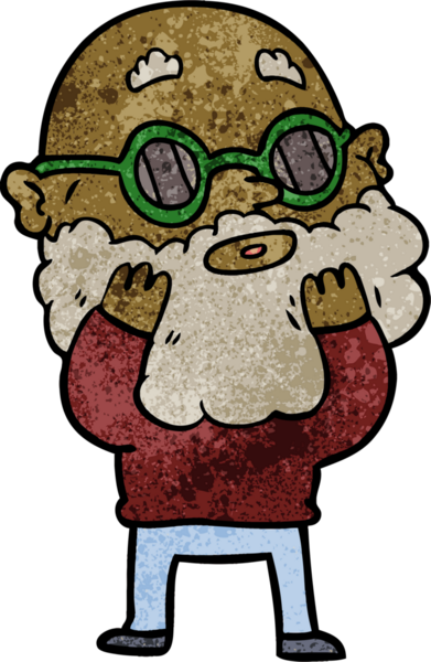 Bir insan tarafından çizilmiş sakallı ve güneş gözlüklü meraklı bir adam.