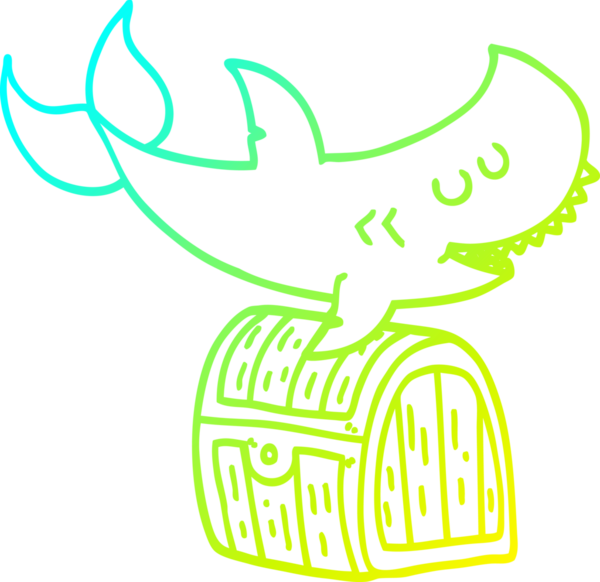 Bir insan tarafından çizilmiş hazine sandığının üzerinde yüzen bir köpek balığının soğuk çizgi çizimi.