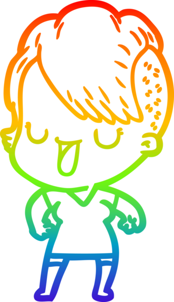 Gökkuşağı gradyan çizimi. Hipster saç kesimi bir insan tarafından çizilmiş şirin bir çizgi film kızı.