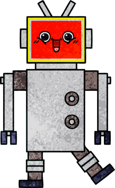 Bir insan tarafından çizilmiş mutlu bir robotun retro grunge dokusu.