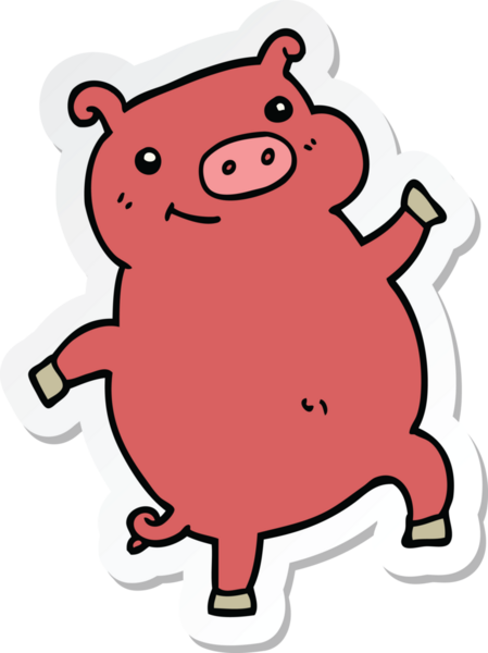 Bir insan tarafından çizilmiş dans eden domuzun çıkartması.