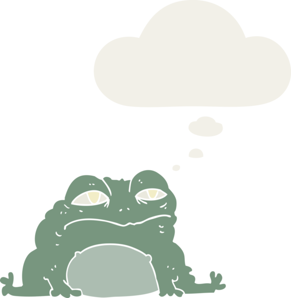 Düşünce baloncuğu olan çizgi film karakurbağası insan tarafından çizilmiş.