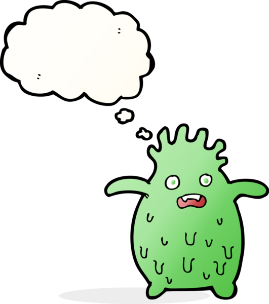 Bir insan tarafından çizilmiş düşünce baloncuklu komik balçık canavarı.