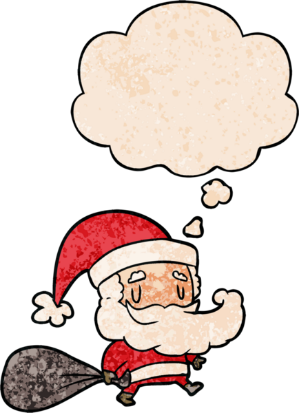 Bir insan tarafından çizilmiş grunge desenli düşünce baloncuklu Noel Baba çizgi filmi.