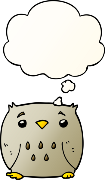 bir insan tarafından çizilmiş yumuşak eğimli düşünce baloncuğu olan çizgi film baykuşu