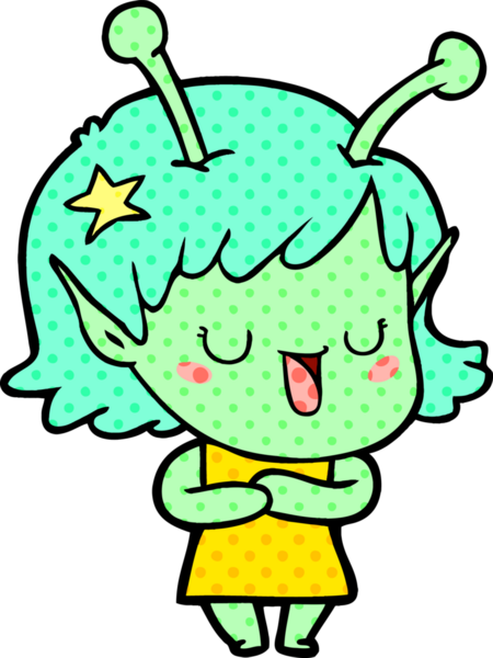 Bir insan tarafından çizilmiş mutlu uzaylı kız çizgi filmi.