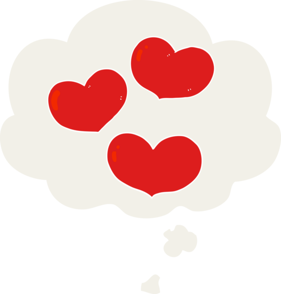 insan tarafından çizilmiş düşünce baloncuklu karikatür aşk kalpleri.