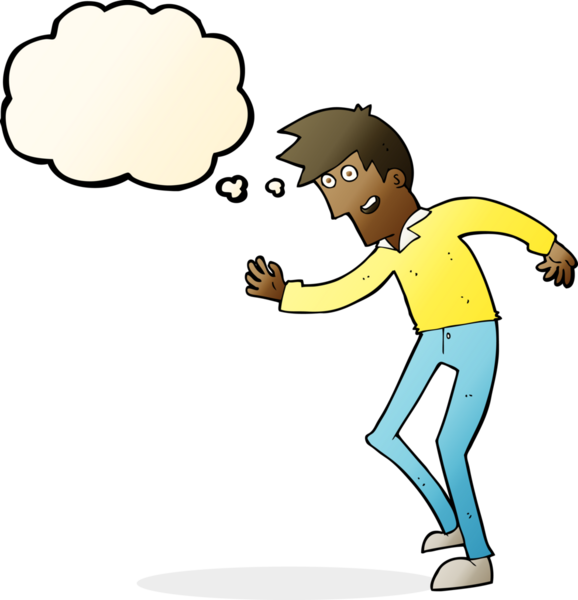 Bir insan tarafından çizilmiş düşünce baloncuğuyla dans eden mutlu adam çizgi filmi.