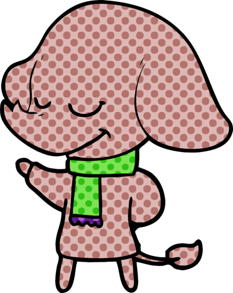 Bir insan tarafından çizilmiş eşarp takan gülümseyen bir fil.