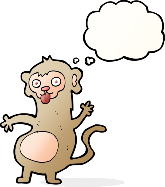 Bir insan tarafından çizilmiş düşünce baloncuklu komik çizgi maymun.