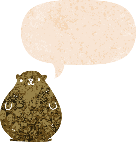 Bir insan tarafından çizilmiş grunge sıkıntılı retro biçimli konuşma balonu ile çizgi film ayısı