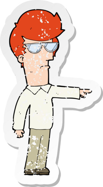 İnsan tarafından çizilmiş gözlüklü bir çizgi film karakterinin gerilimli retro yapıştırması.